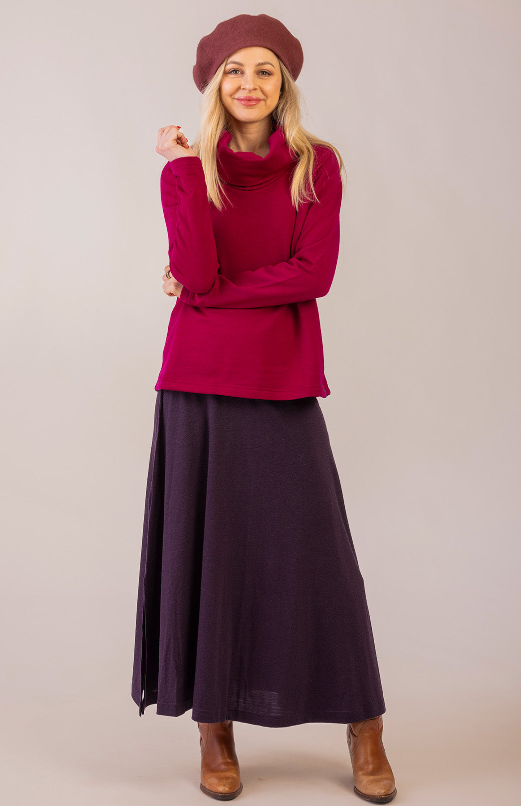 Magenta Women&#39;s Merino Wool Fleece Long Sleeve Cowl Neck Top
