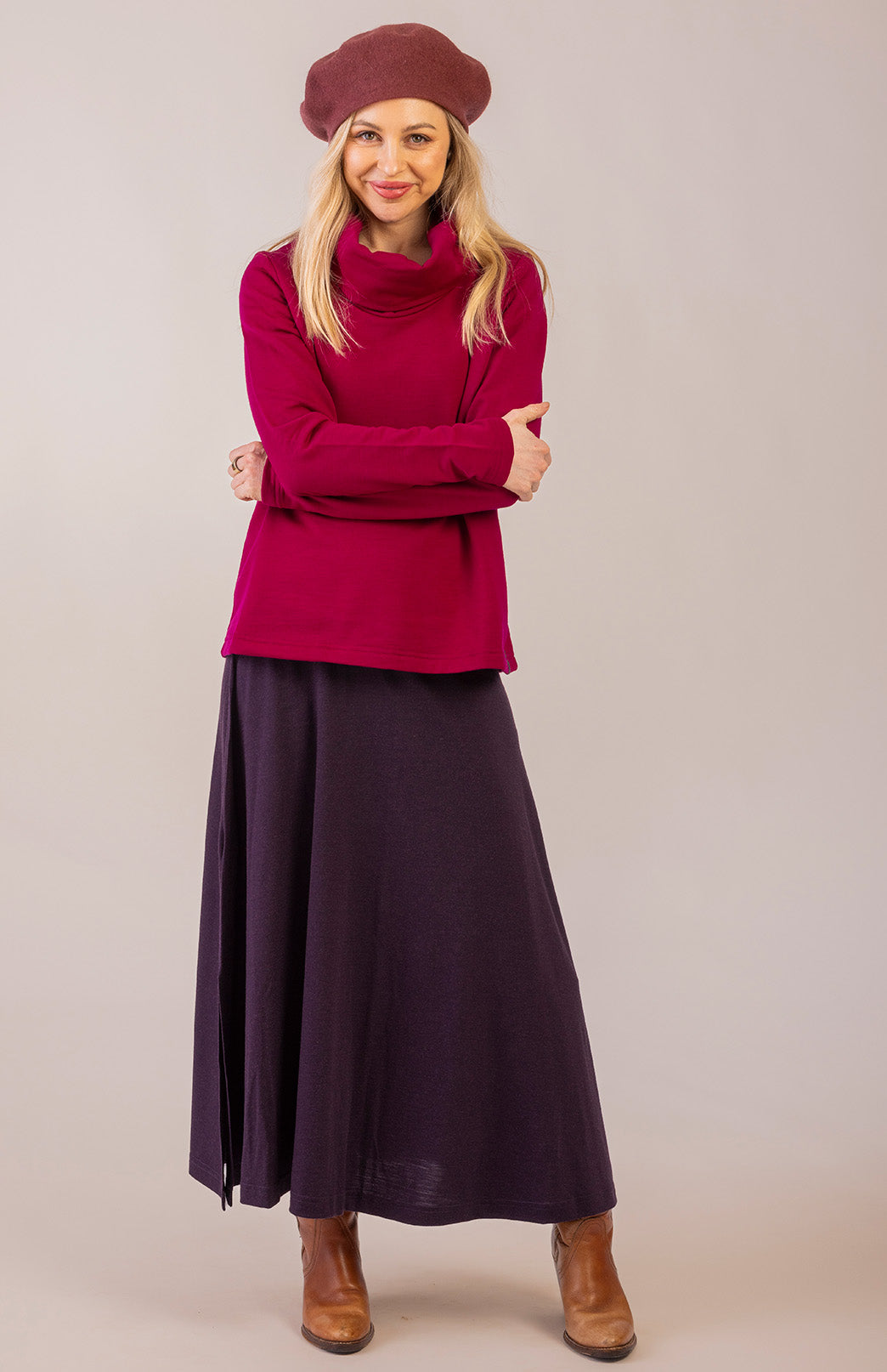 Mulberry Purple Women's Merino Wool Midweight A-Line Midi Skirt