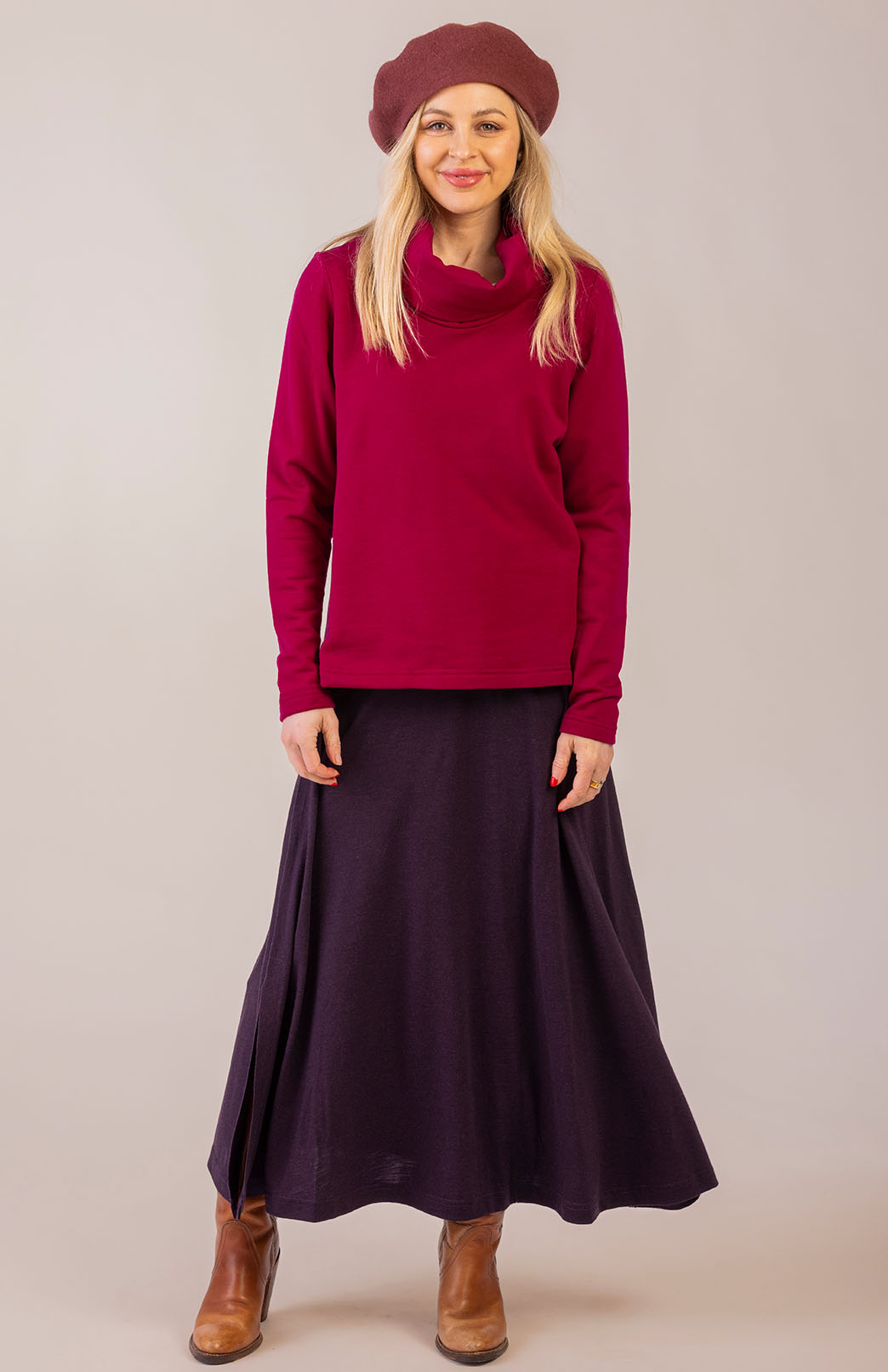 Mulberry Purple Women's Merino Wool Midweight A-Line Midi Skirt