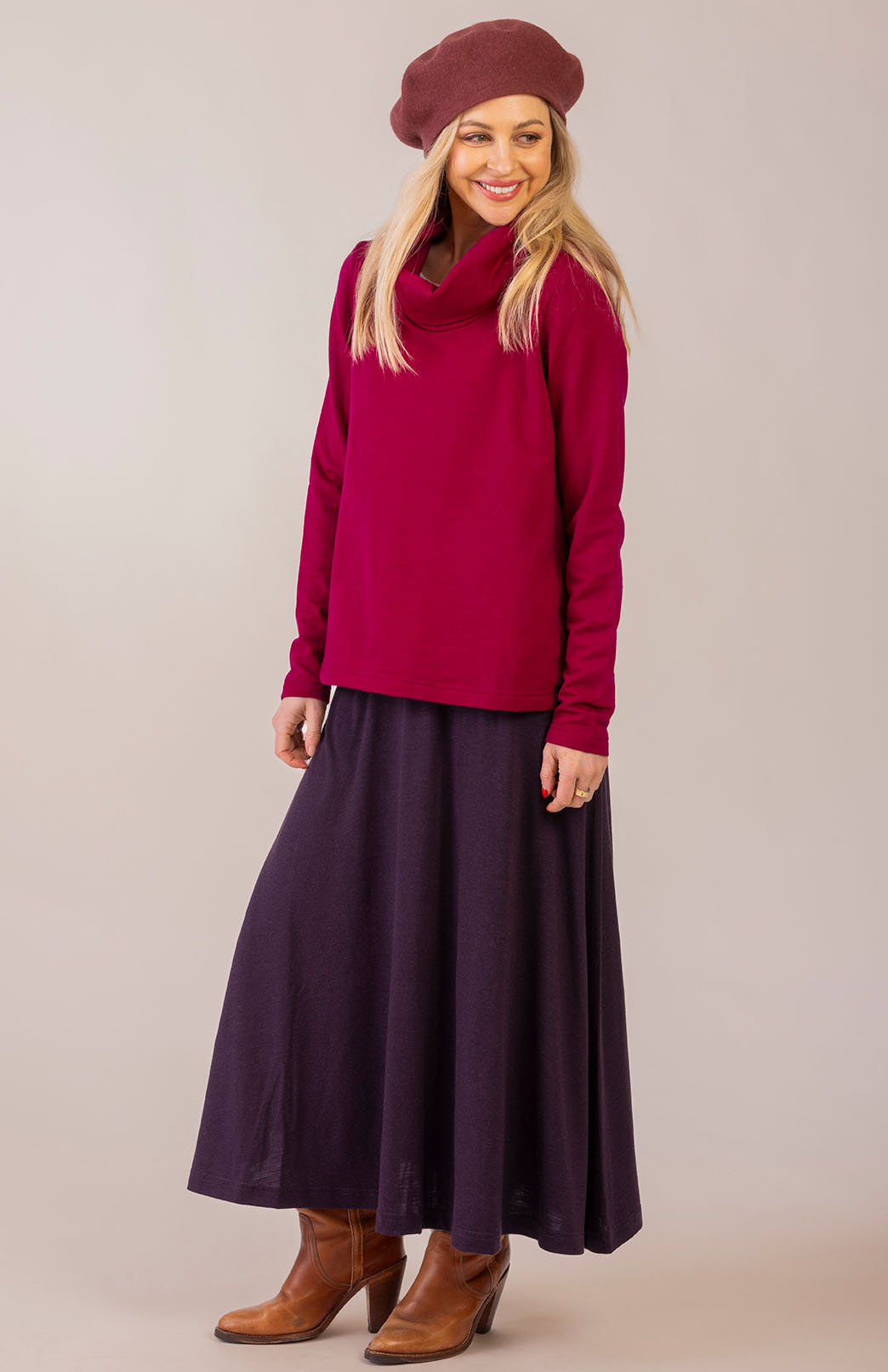 Magenta Women's Merino Wool Fleece Long Sleeve Cowl Neck Top