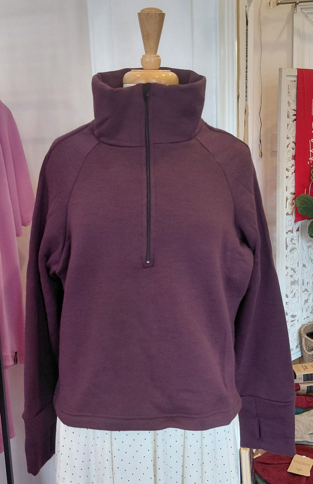 Aubergine Purple Women's Superfine Merino Wool Fleece Half Zip Crop Jumper