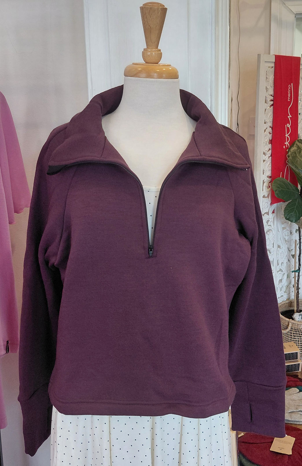 Aubergine Purple Women's Superfine Merino Wool Fleece Half Zip Crop Jumper