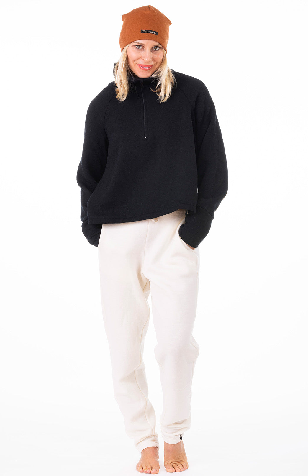 Black Women's Superfine Merino Wool Fleece Half Zip Crop Jumper