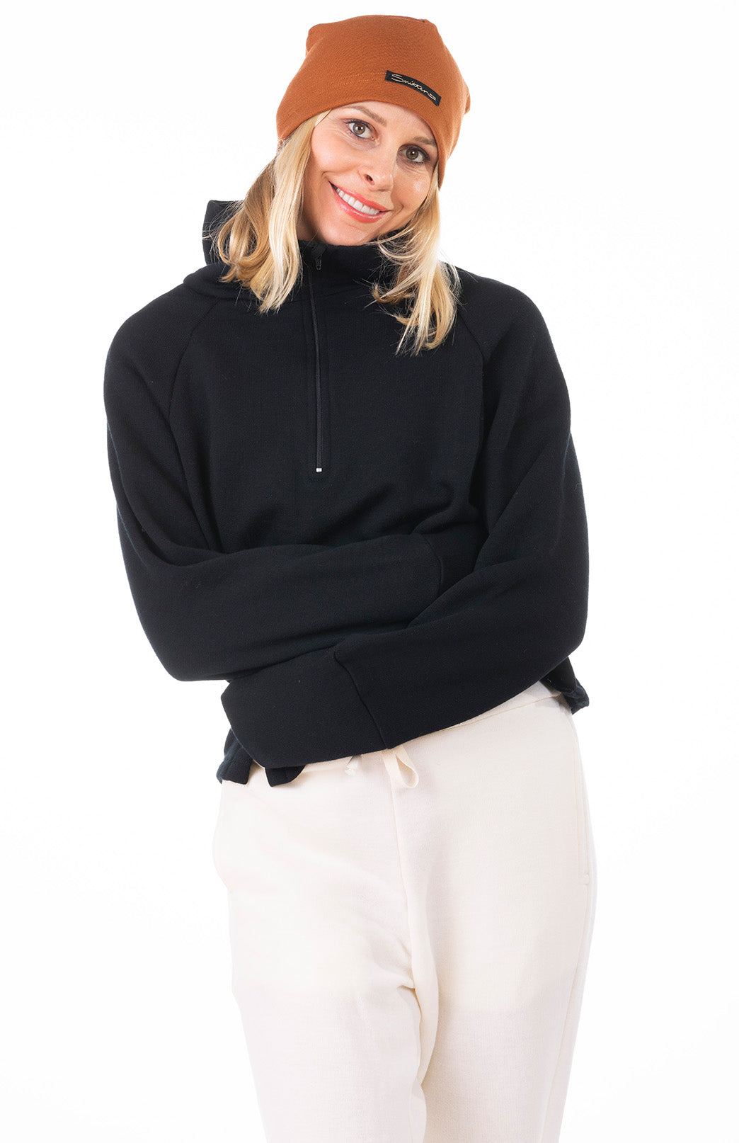 Black Women's Superfine Merino Wool Fleece Half Zip Crop Jumper