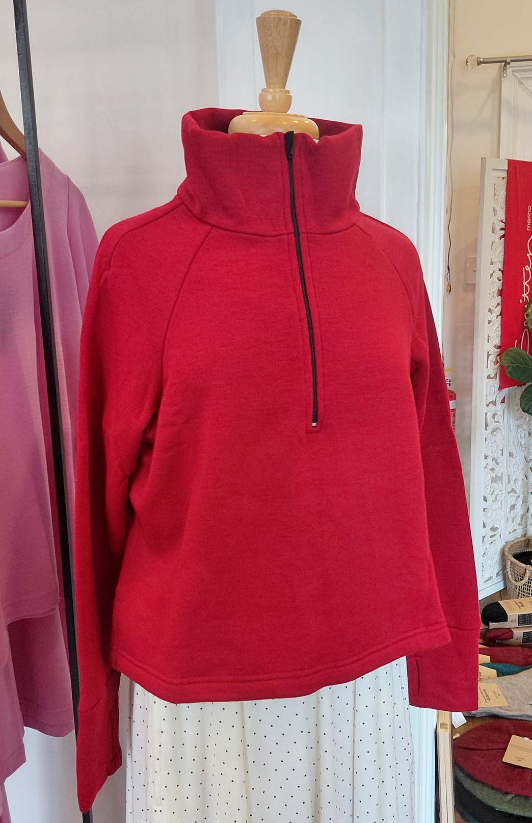 Chilli Red Women's Superfine Merino Wool Fleece Half Zip Crop Jumper