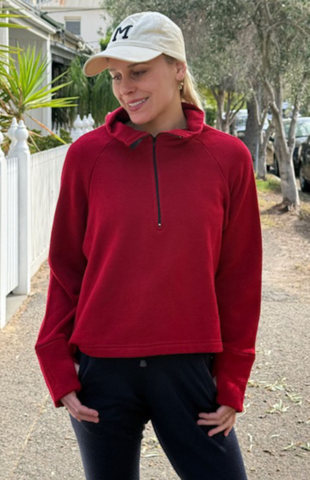 Chilli Red Women's Superfine Merino Wool Fleece Half Zip Crop Jumper