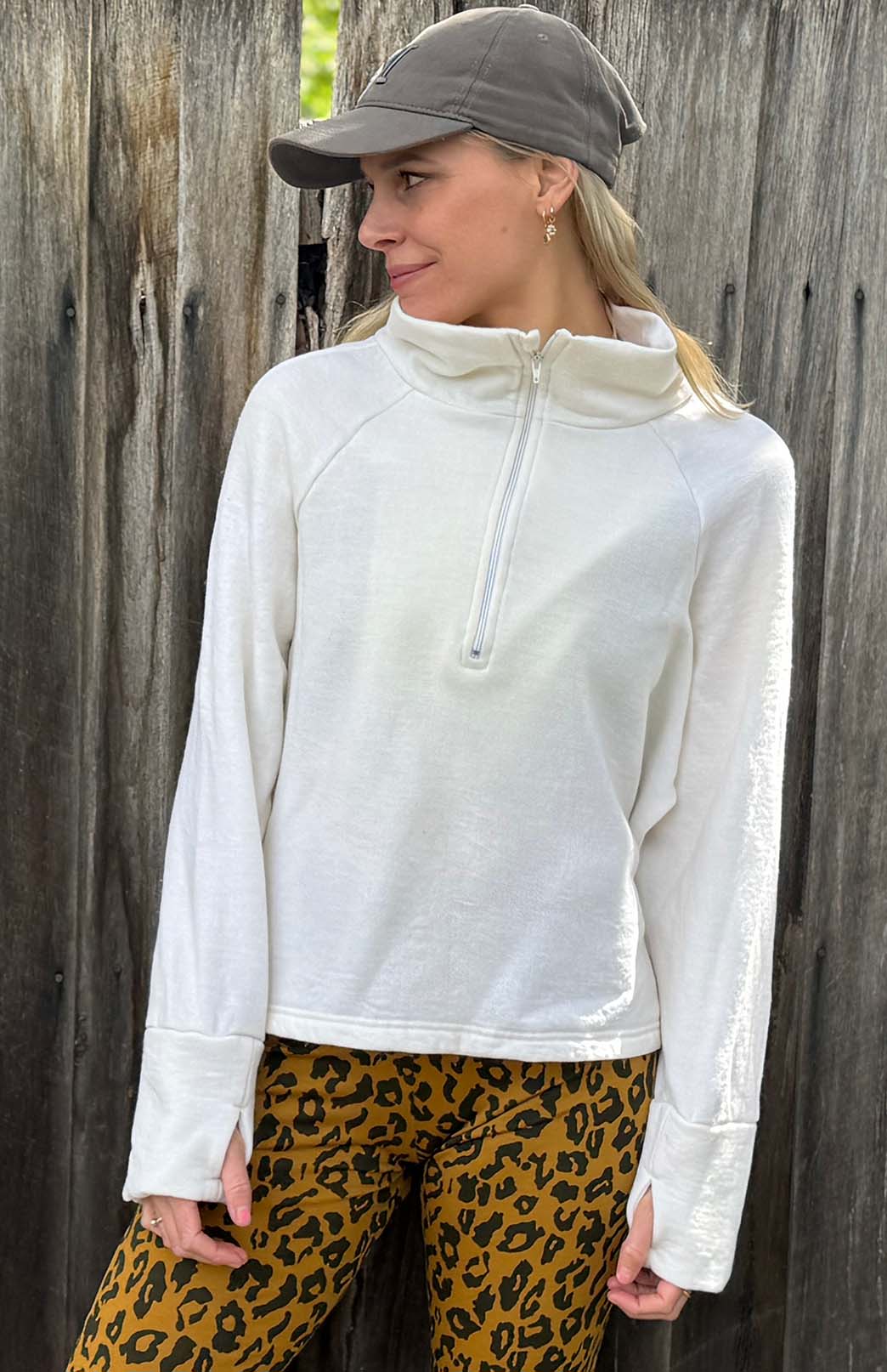 Ivory Women's Superfine Merino Wool Fleece Half Zip Crop Jumper