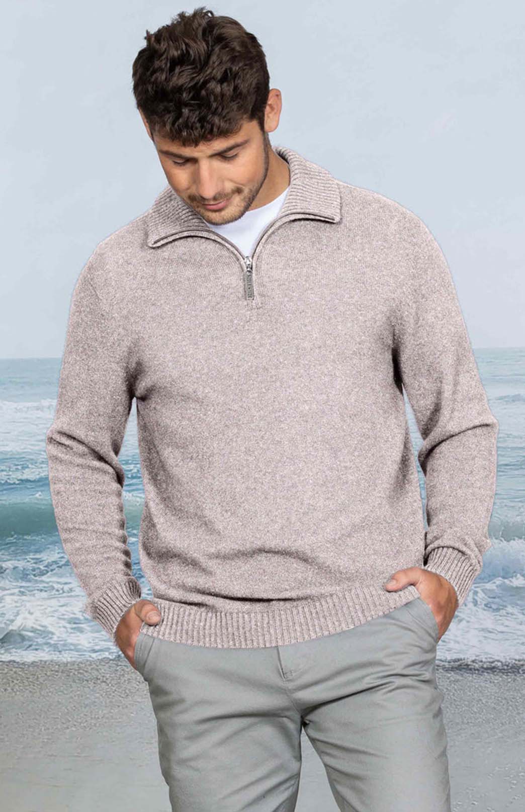 Oatmeal Men's cotton, merino and possum half zip neck long sleeve jumper