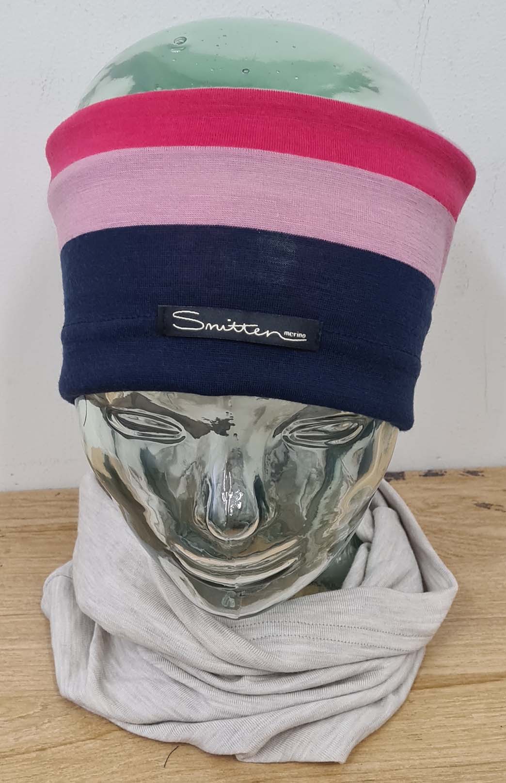 Rose Candy Pink & Navy Multi Stripe Unisex Merino Wool Thermal Headband
