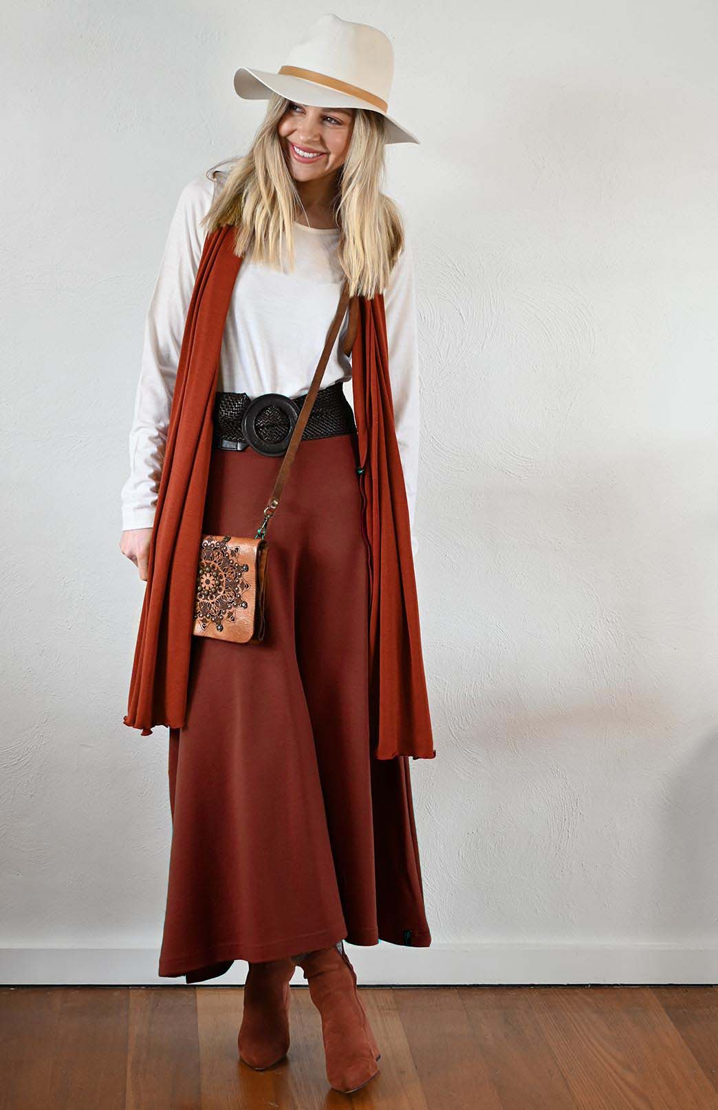 Shiraz Red Women's Merino Wool Ponte A-Line Midi Skirt