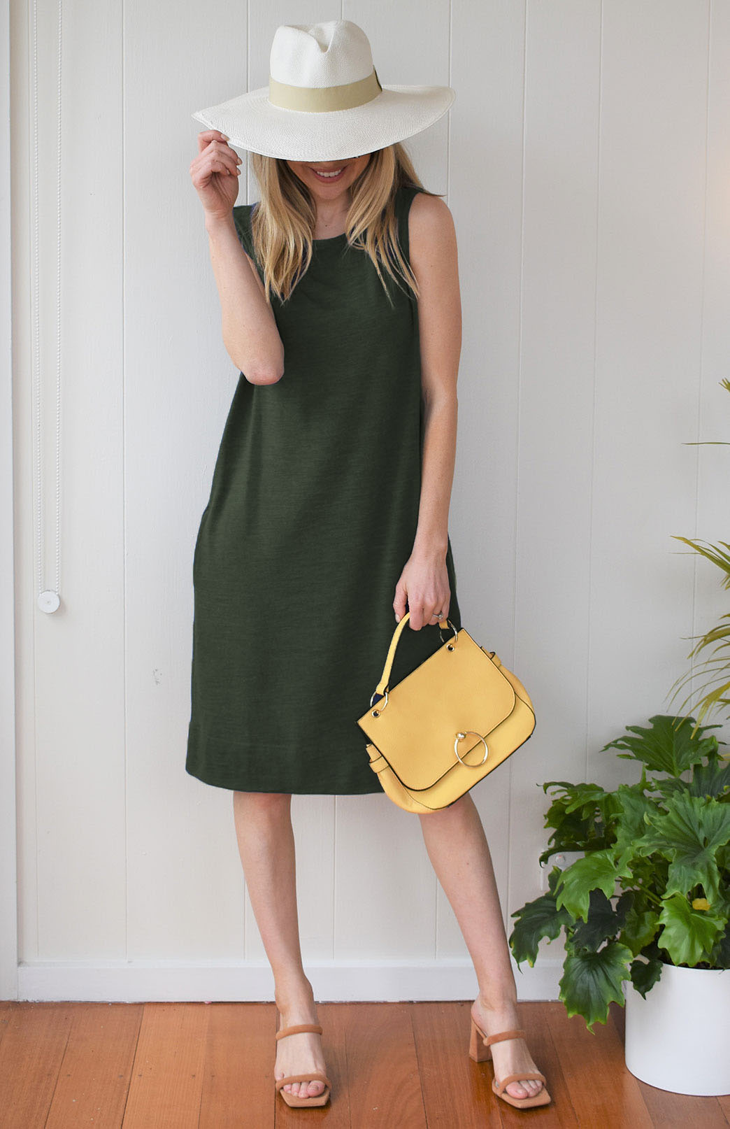 Kale Green Women's Merino Wool Sleeveless Shift Dress