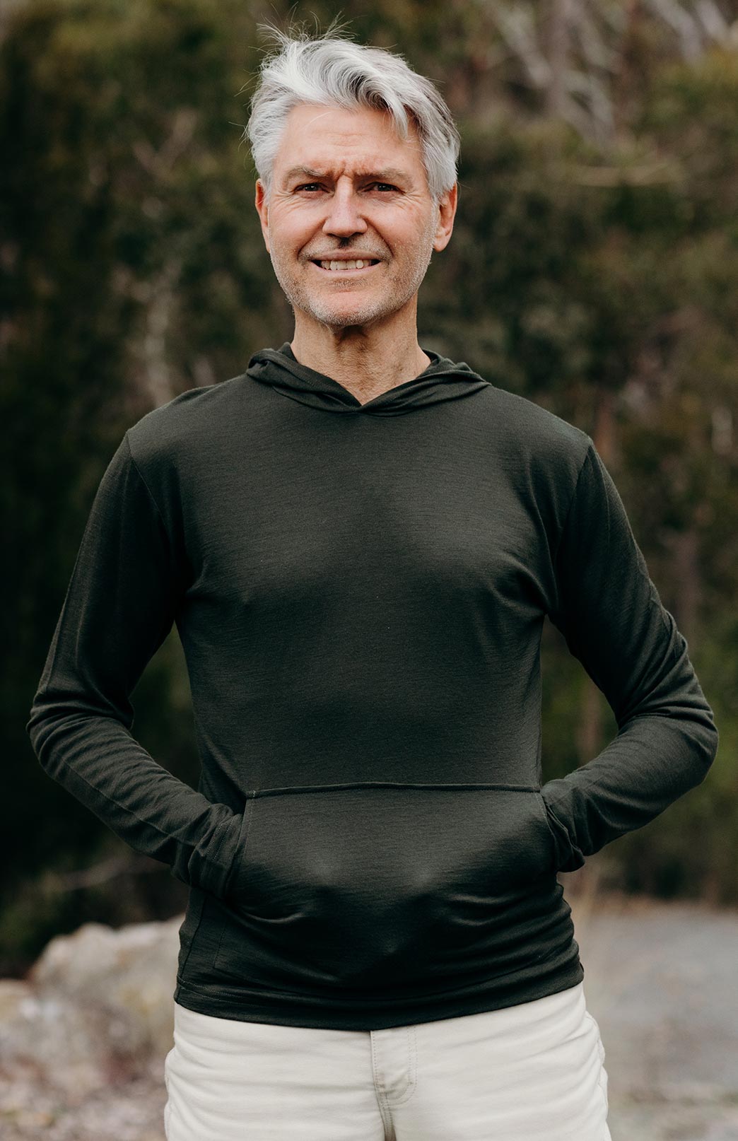 Kale Green Women's Merino Wool Long Sleeve Crew Neck Top with Hood and D Pocket