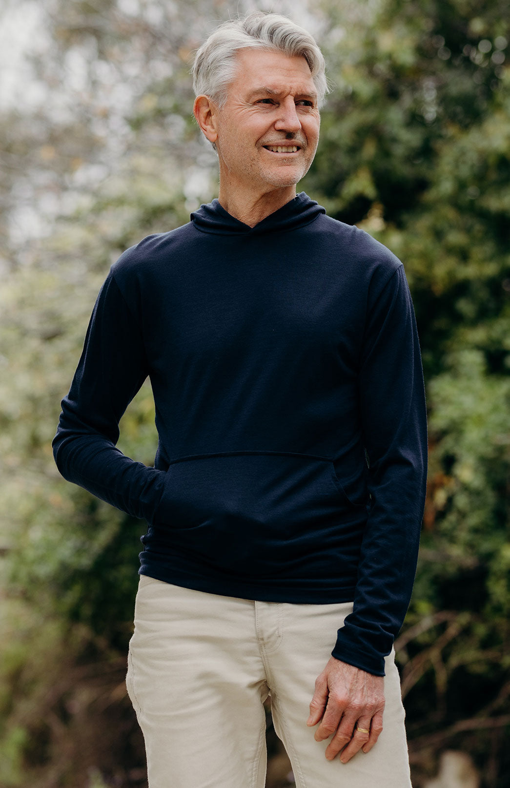 Navy Blue Women's Merino Wool Long Sleeve Crew Neck Top with Hood and D Pocket