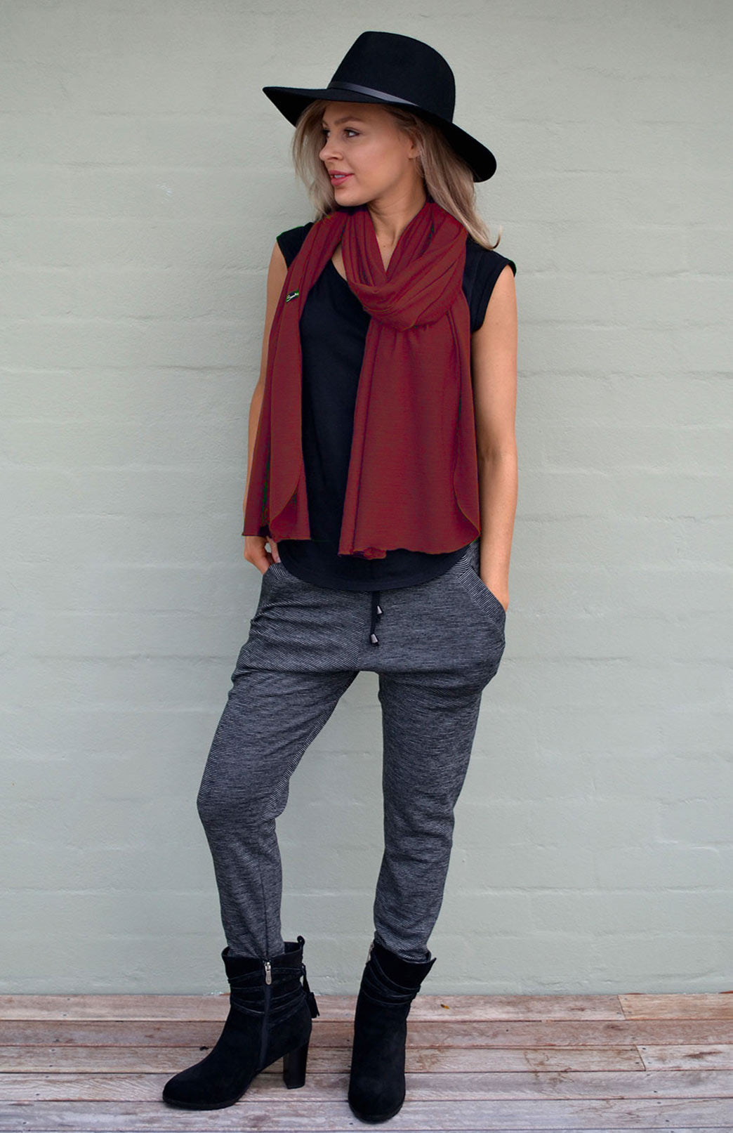 Burgundy Red Women's Merino Wool Plain Scarf