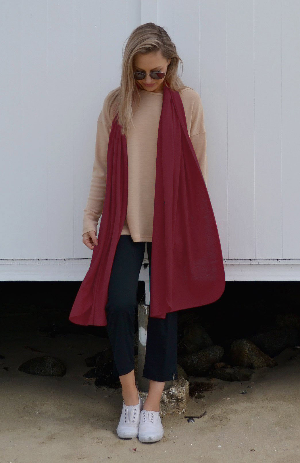 Burgundy Red Women's Merino Wool Plain Scarf