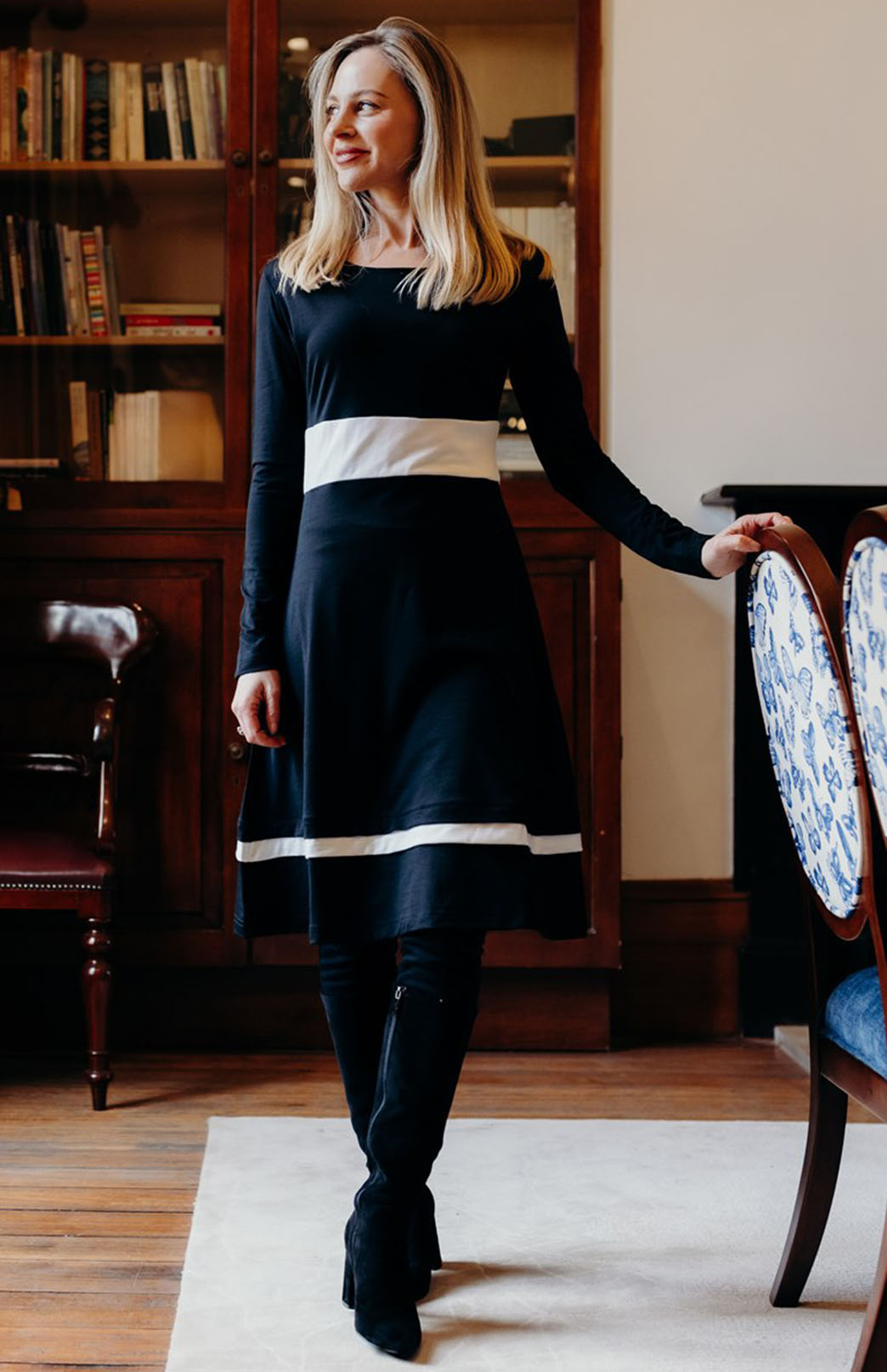 Black & Ivory Women's Merino Wool Long Sleeve Fitted Dress