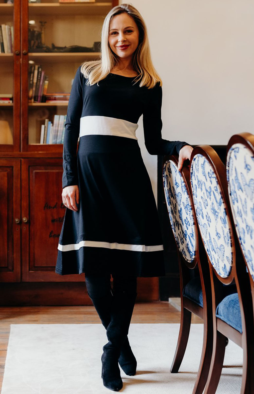 Black & Ivory Women's Merino Wool Long Sleeve Fitted Dress