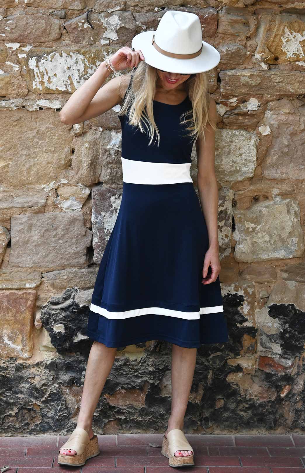 Navy & Ivory Women's Merino Wool Sleeveless Dress