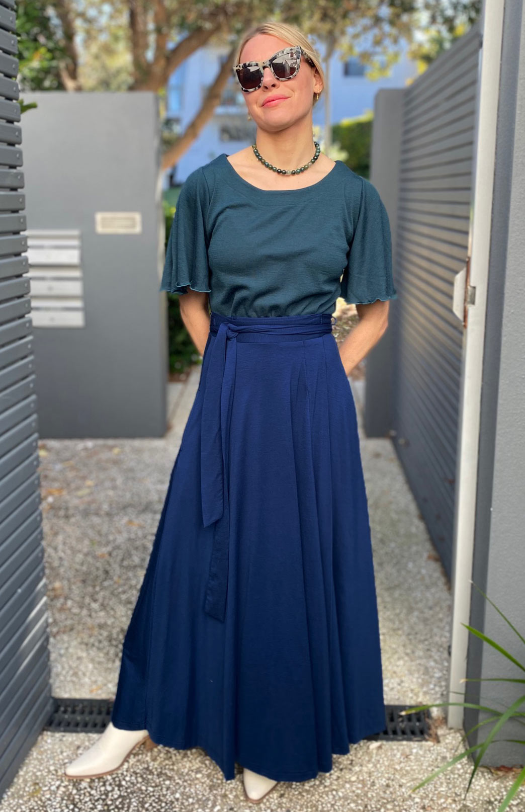 Deep Sea Green Women's Cape Sleeve Merino Wool T-Shirt
