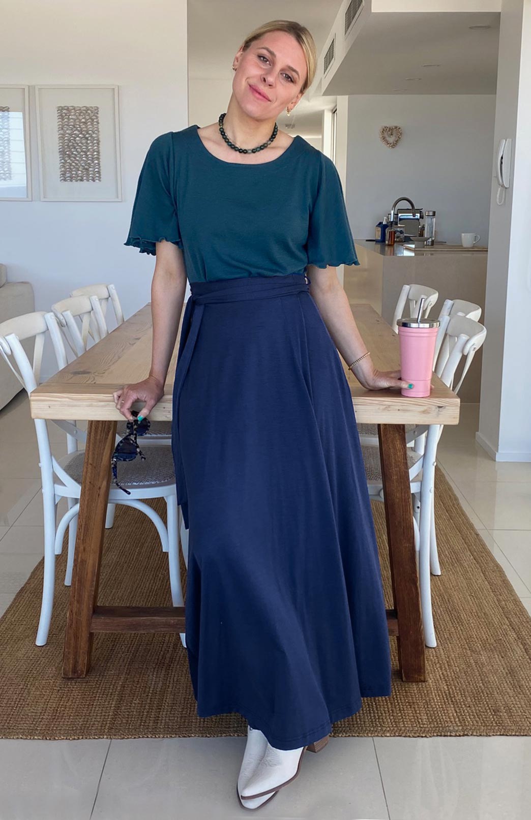 Deep Sea Green Women's Cape Sleeve Merino Wool T-Shirt