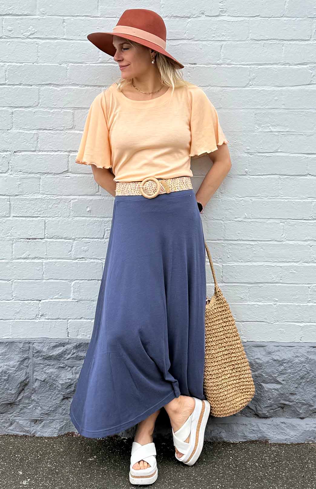 Crown Blue Women's Merino Wool Midweight A-Line Midi Skirt