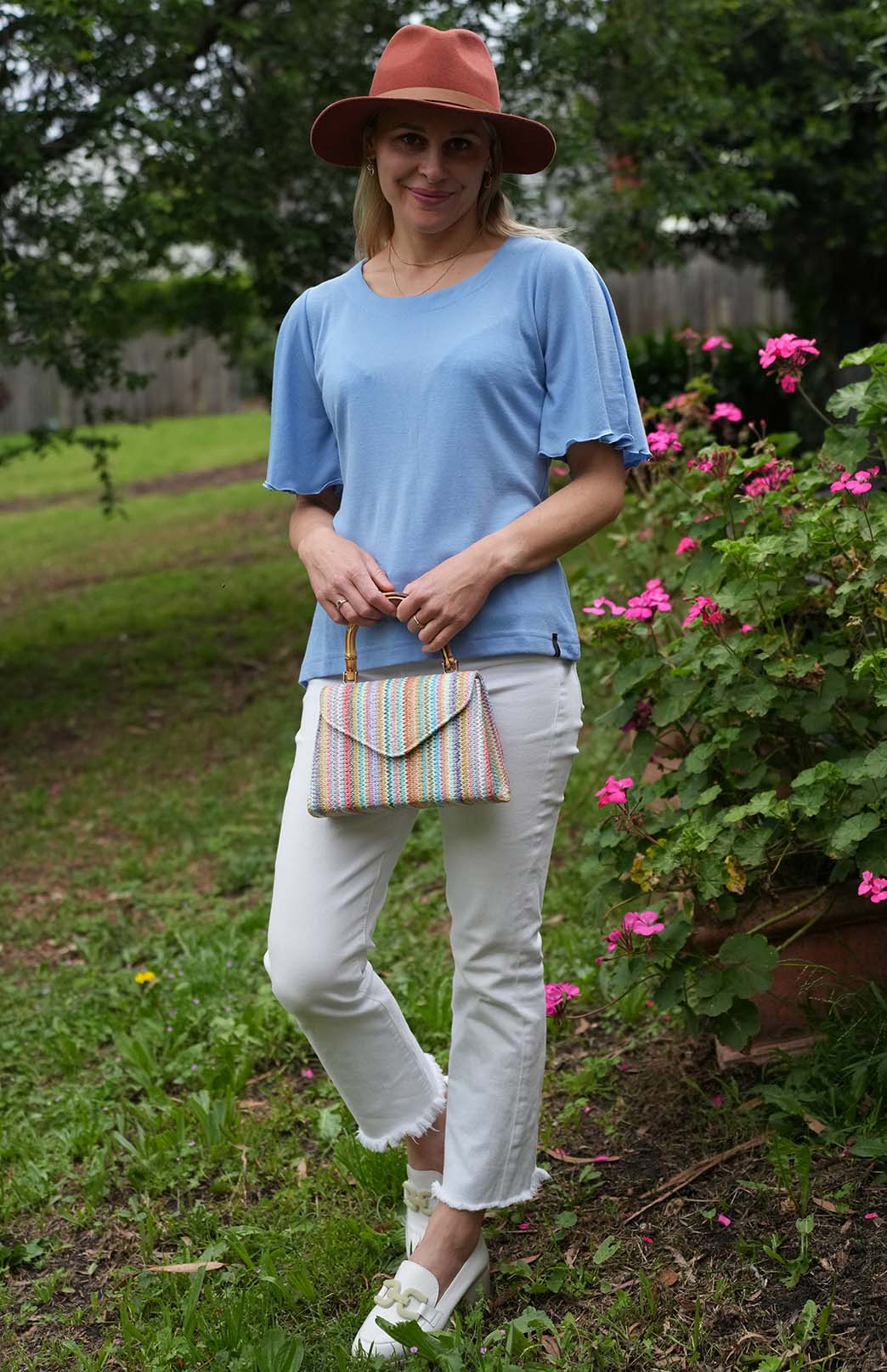 Soft Cornflower Blue Women's Cape Sleeve Merino Wool T-Shirt