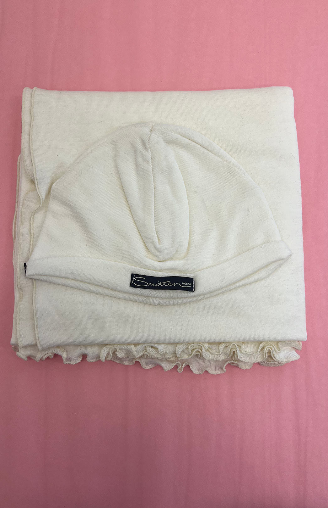 Ivory Pure Merino Wool Baby Wrap and Beanie Set