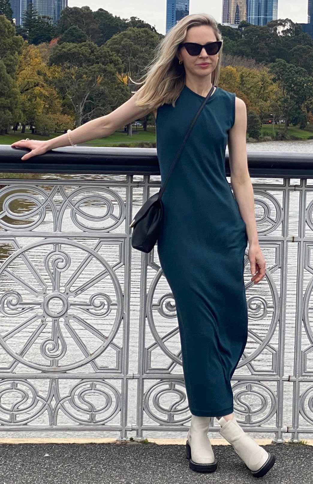 Deep Sea Green Women's Merino Wool Tank Midi Dress
