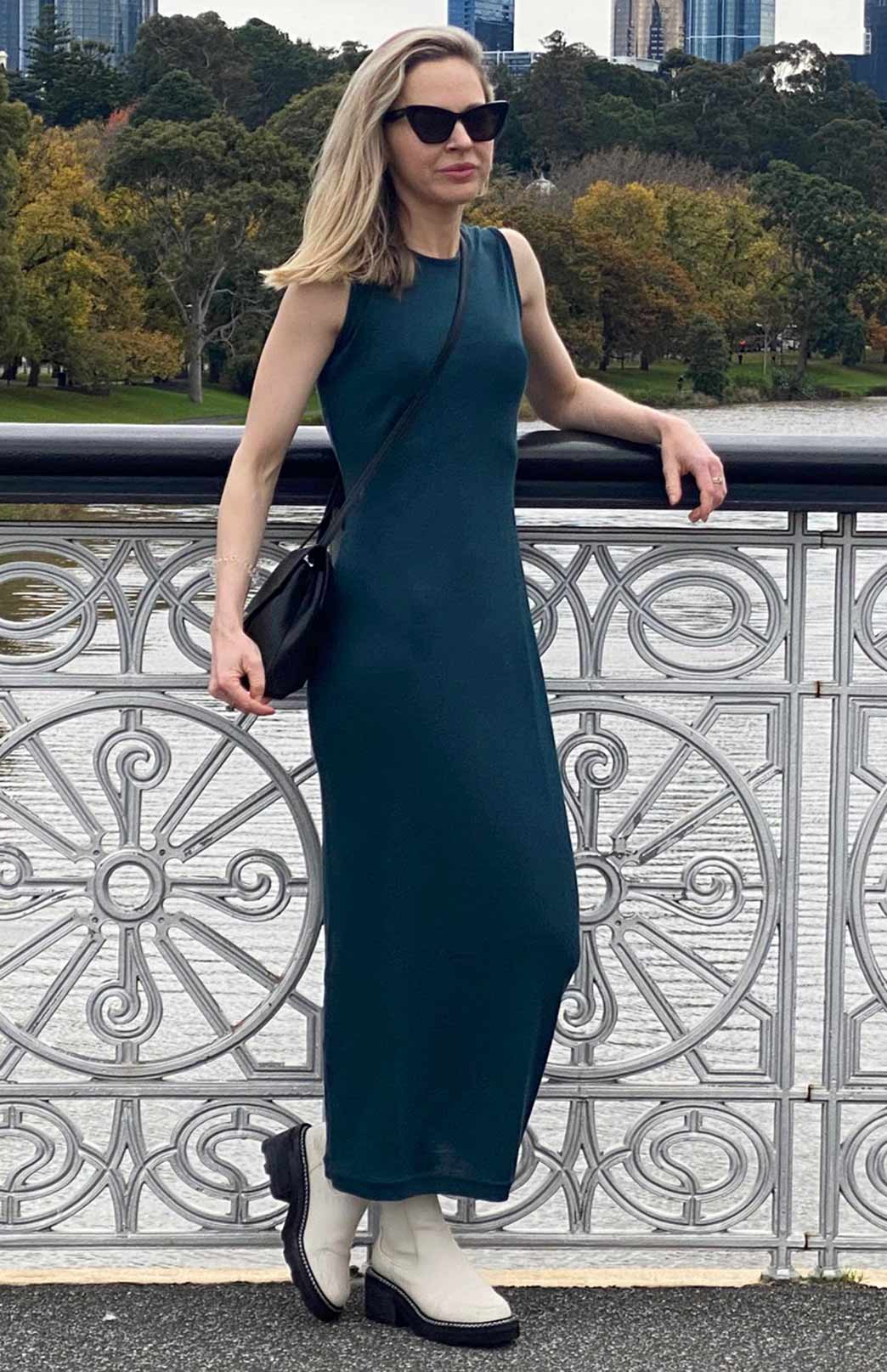 Deep Sea Green Women's Merino Wool Tank Midi Dress