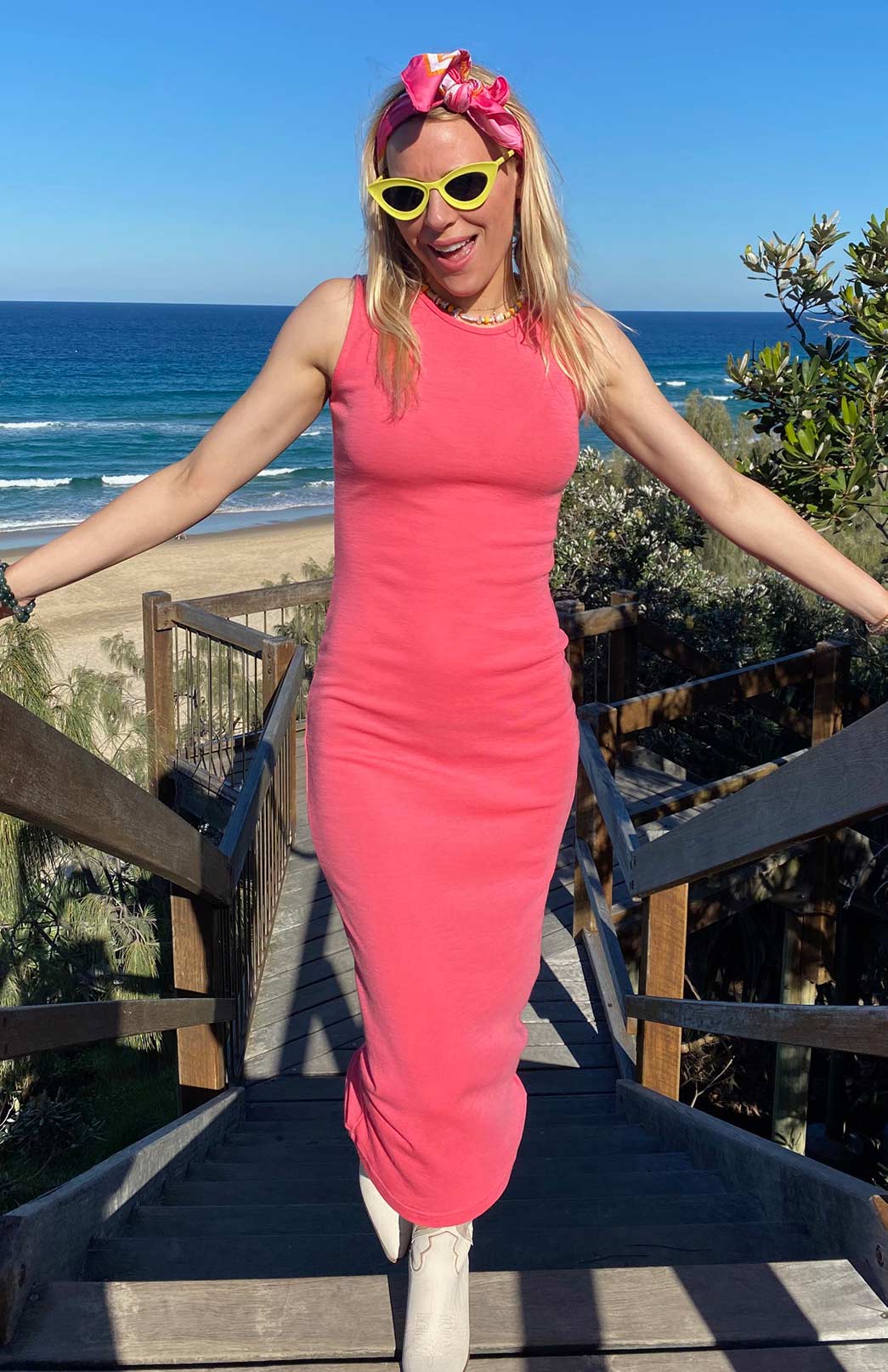 Watermelon Pink Women's Merino Wool Tank Midi Dress