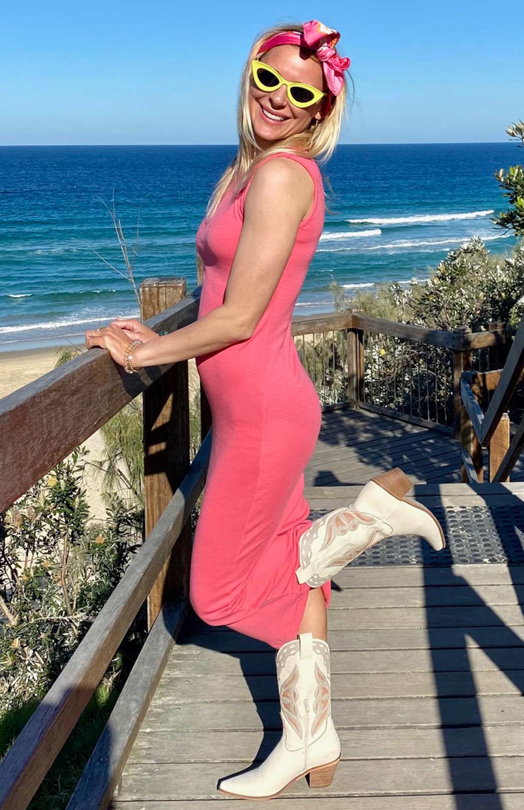 Watermelon Pink Women's Merino Wool Tank Midi Dress