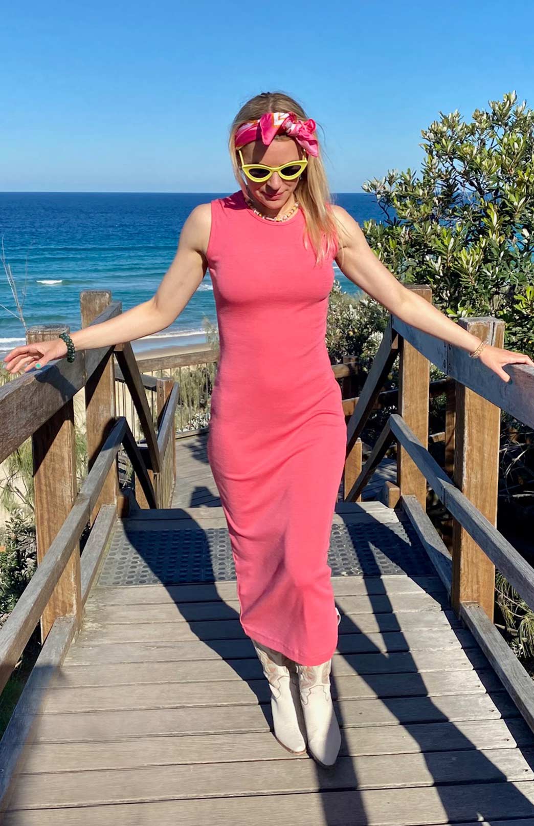 Watermelon Pink Women&#39;s Merino Wool Tank Midi Dress

