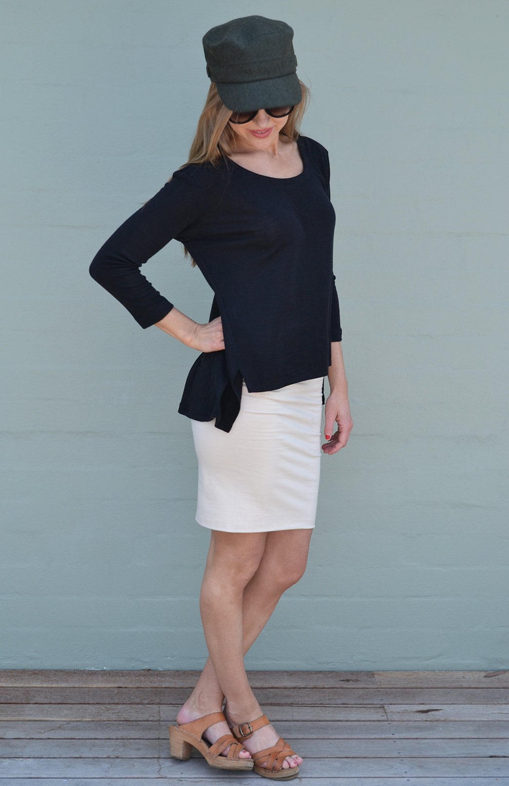 Black Women's Merino Wool High-Low Top with 3/4 Sleeves