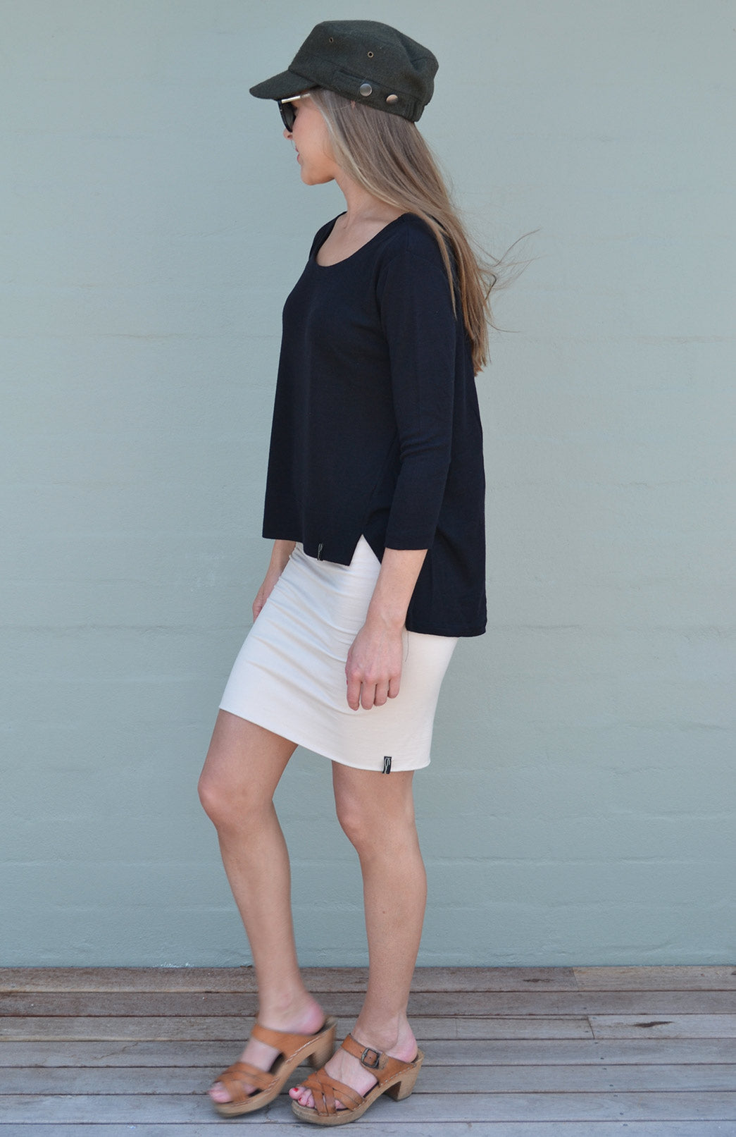 Black Women's Merino Wool High-Low Top with 3/4 Sleeves