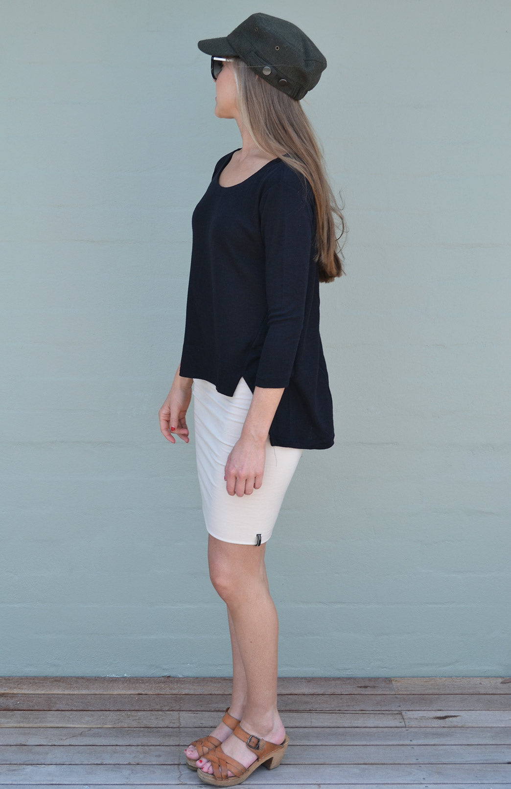 Black Women's Merino Wool High-Low Top with 3/4 Sleeves