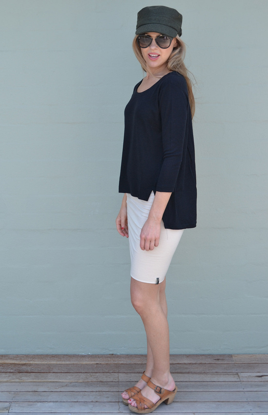 Black Women's Merino Wool High-Low Top with 3/4 Sleeves