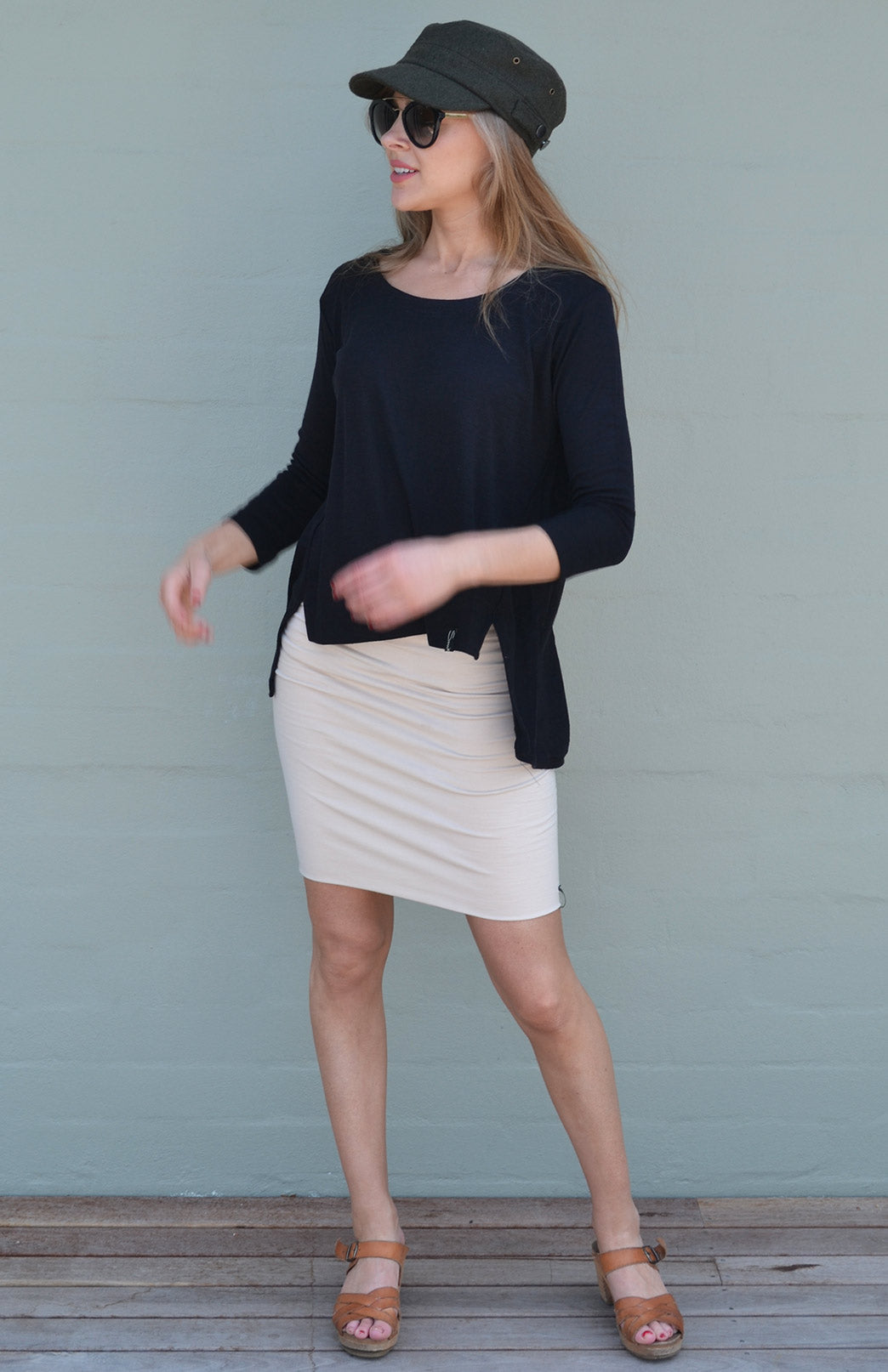 Black Women's Merino Wool High-Low Top with 3/4 Sleeves