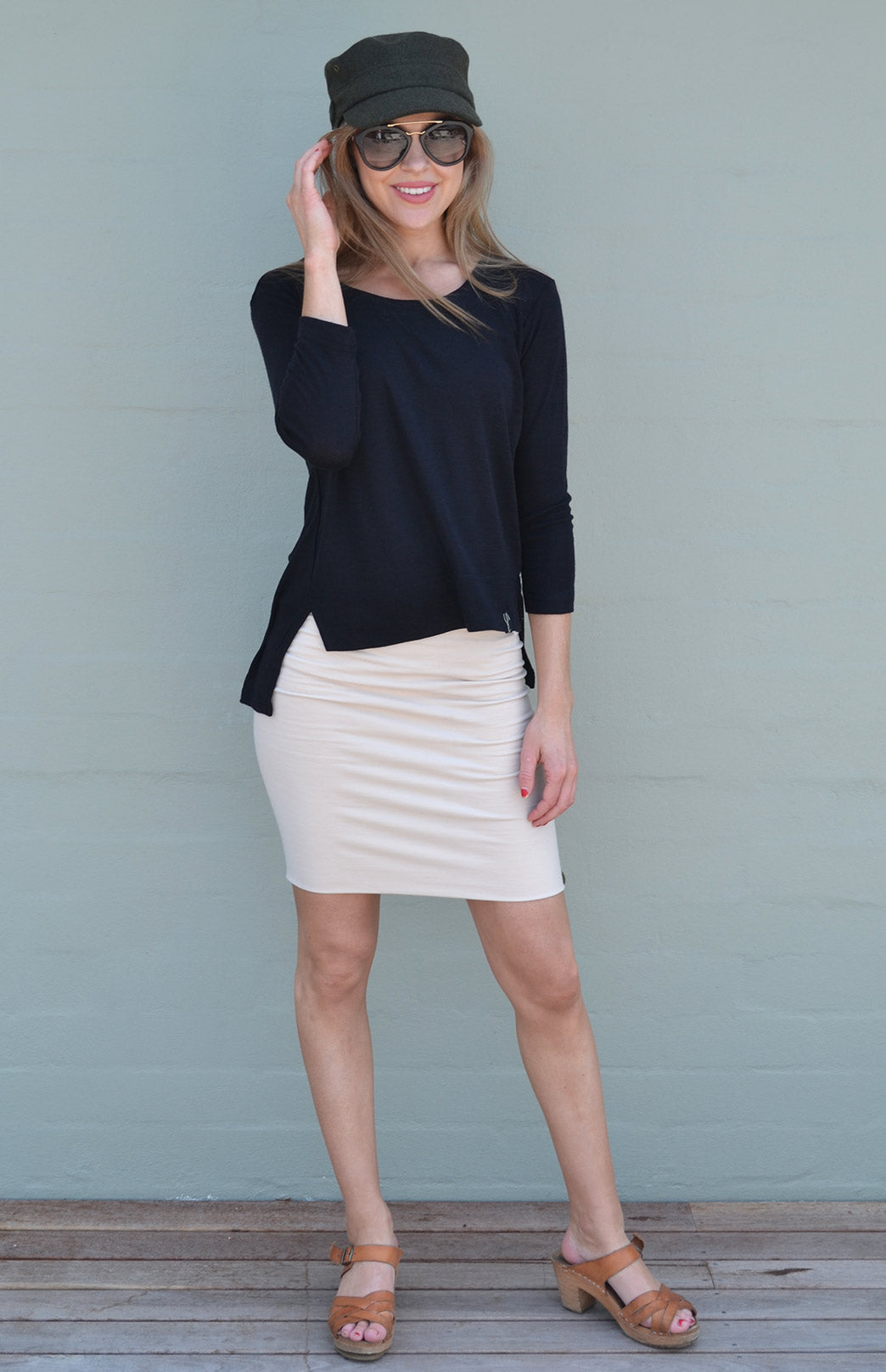 Black Women's Merino Wool High-Low Top with 3/4 Sleeves