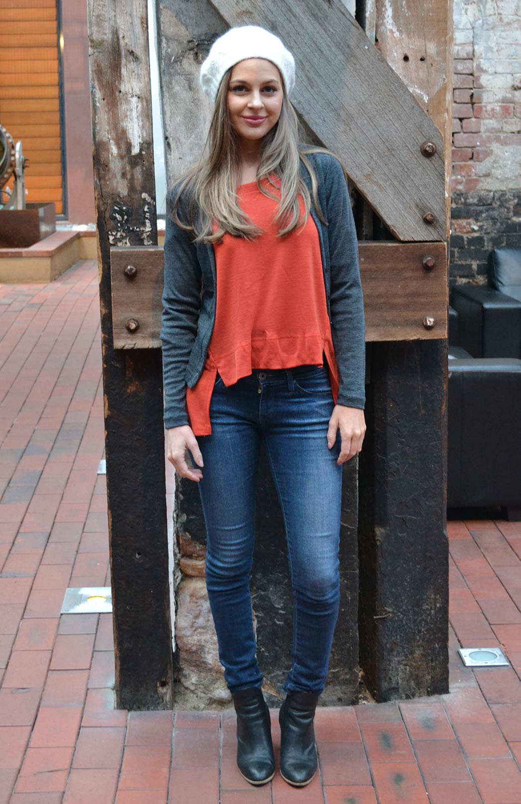 Burnt Orange Women's Merino Wool High-Low Top with 3/4 Sleeves