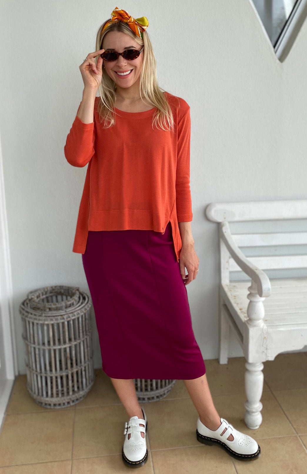 Burnt Orange Women&#39;s Merino Wool High-Low Top with 3/4 Sleeves

