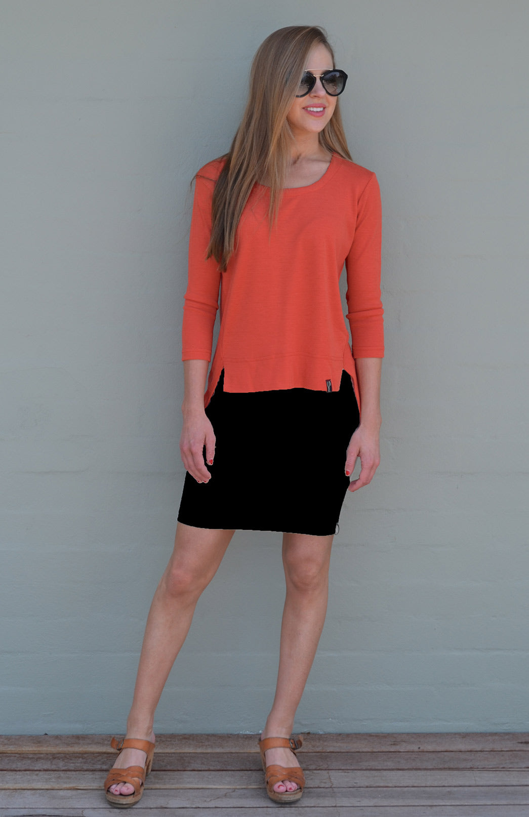 Burnt Orange Women&#39;s Merino Wool High-Low Top with 3/4 Sleeves
