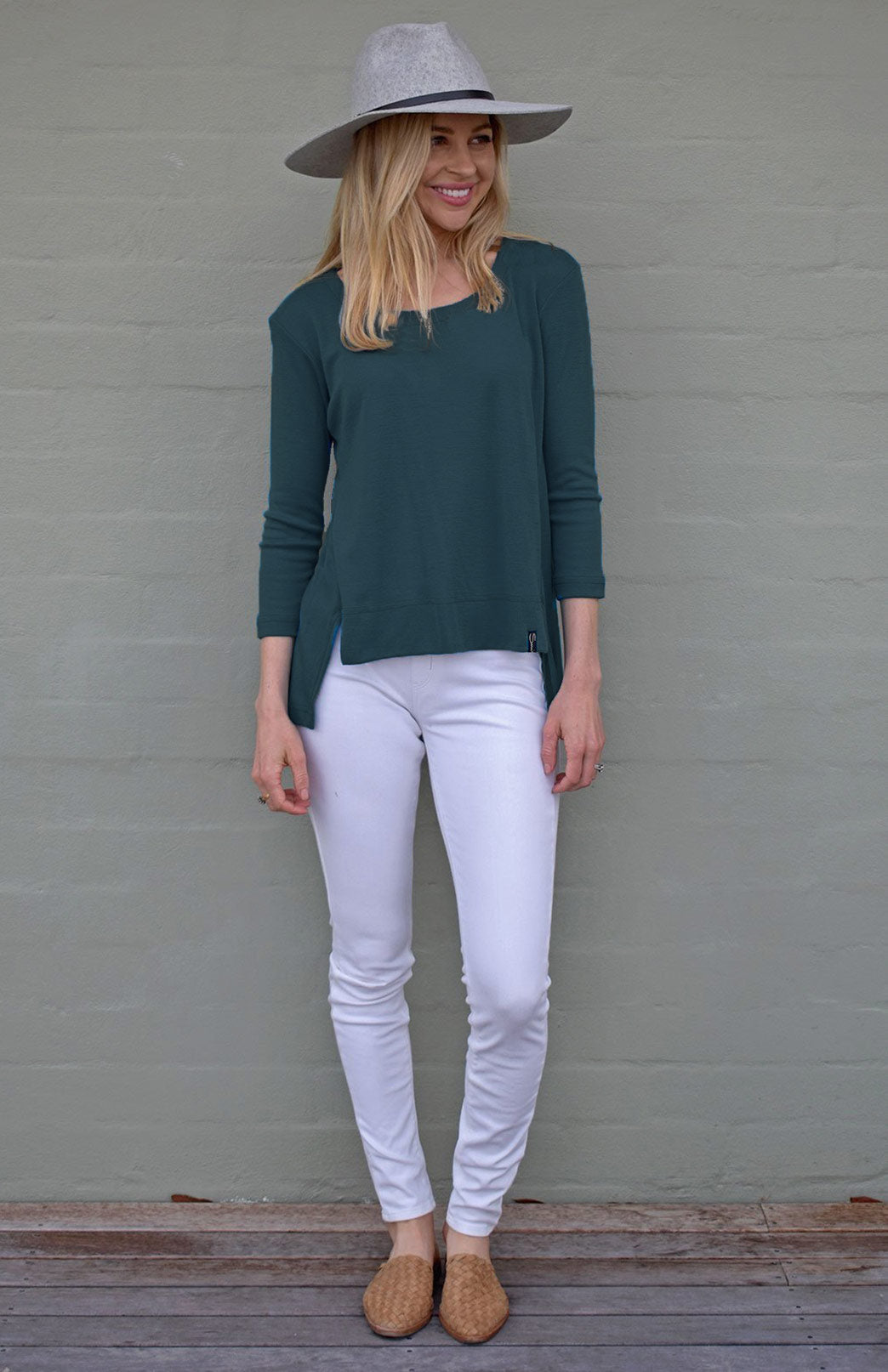 Deep Sea Green Women's Merino Wool High-Low Top with 3/4 Sleeves
