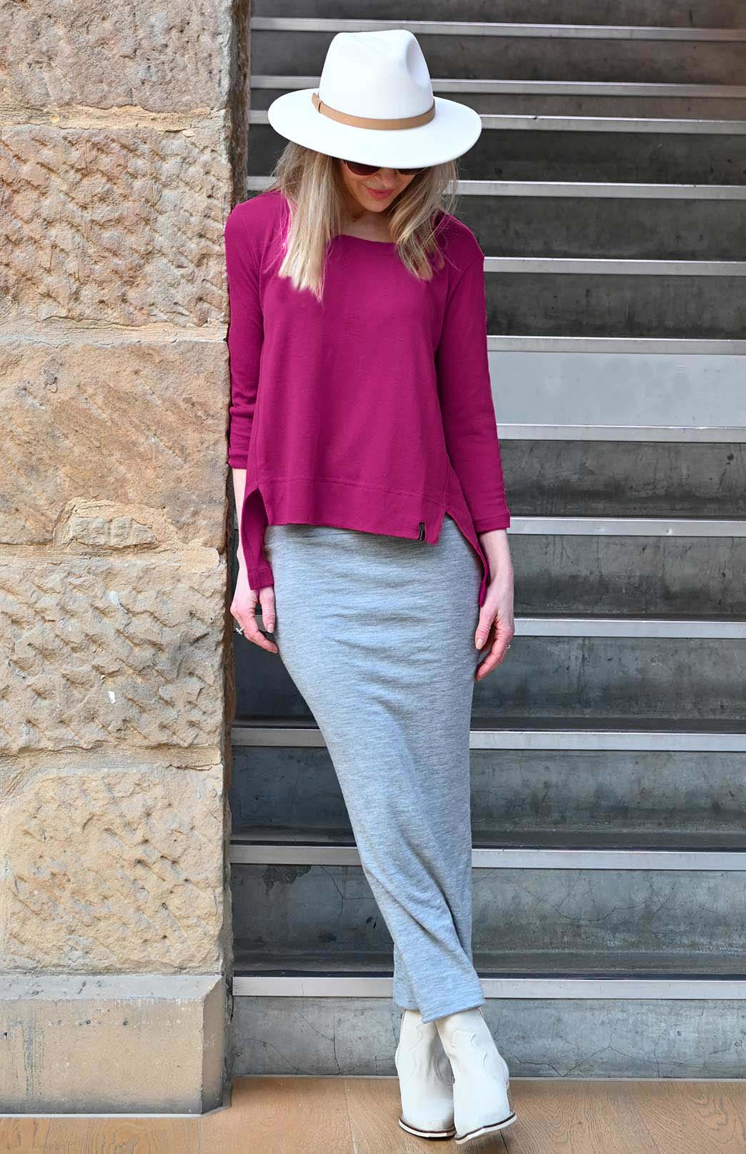 Magenta Women's Merino Wool High-Low Top with 3/4 Sleeves