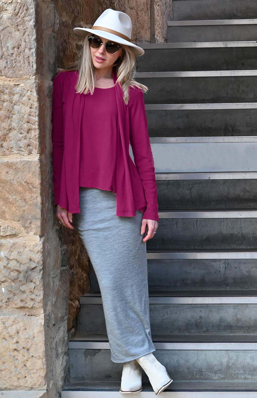 Magenta Women's Merino Wool High-Low Top with 3/4 Sleeves