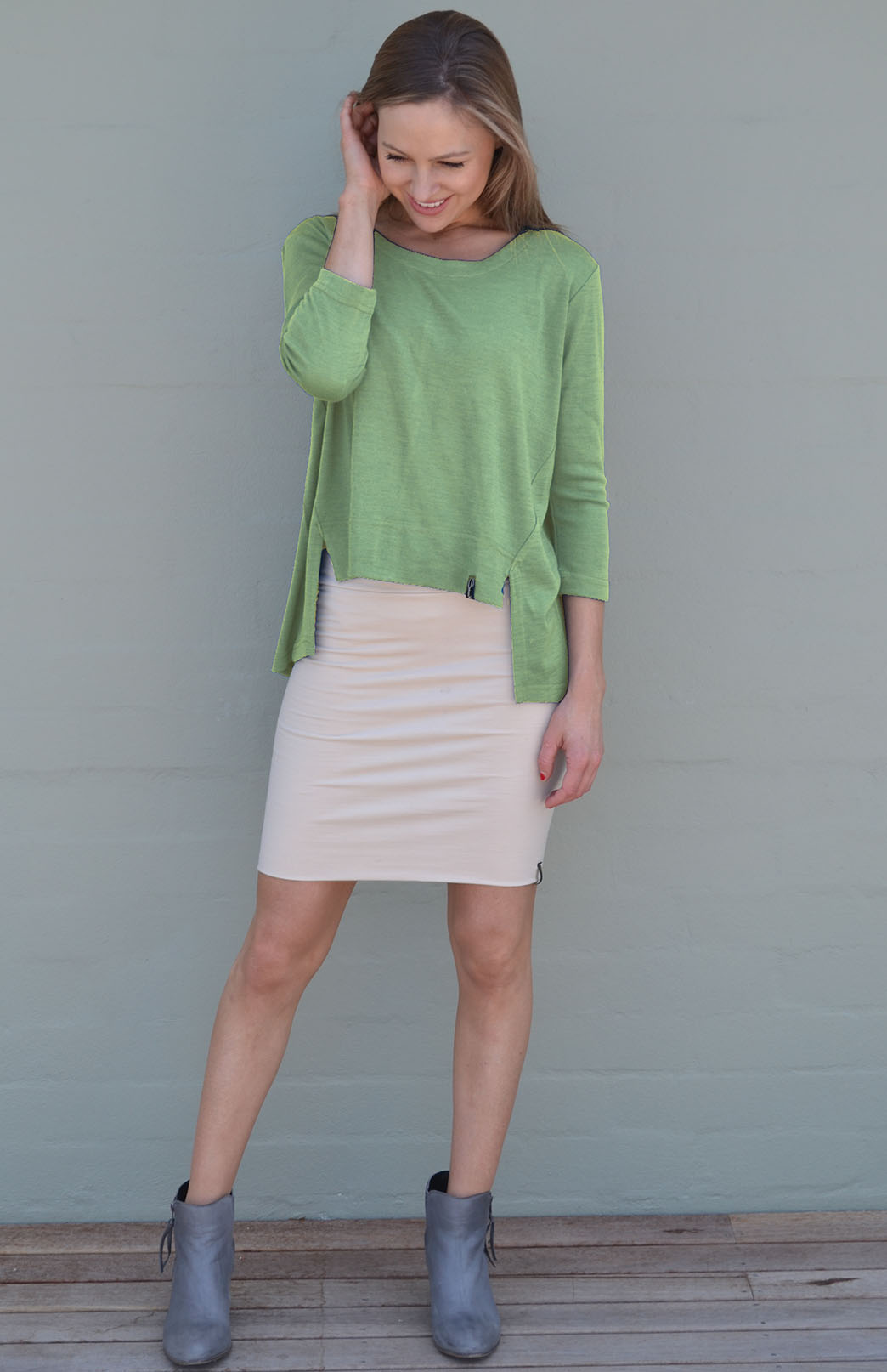 Matcha Green Women's Merino Wool High-Low Top with 3/4 Sleeves