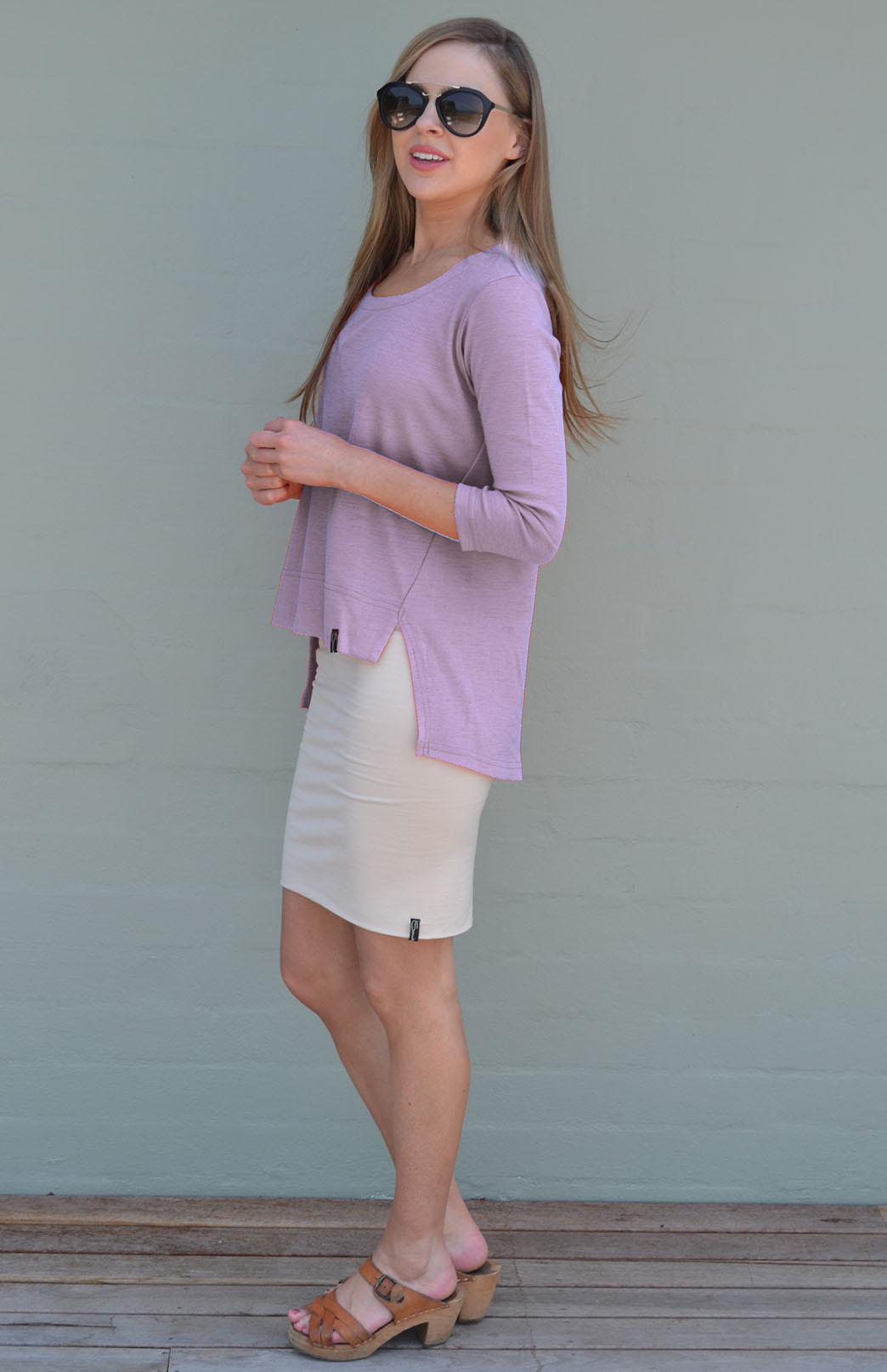 Soft Violet Purple Women's Merino Wool High-Low Top with 3/4 Sleeves