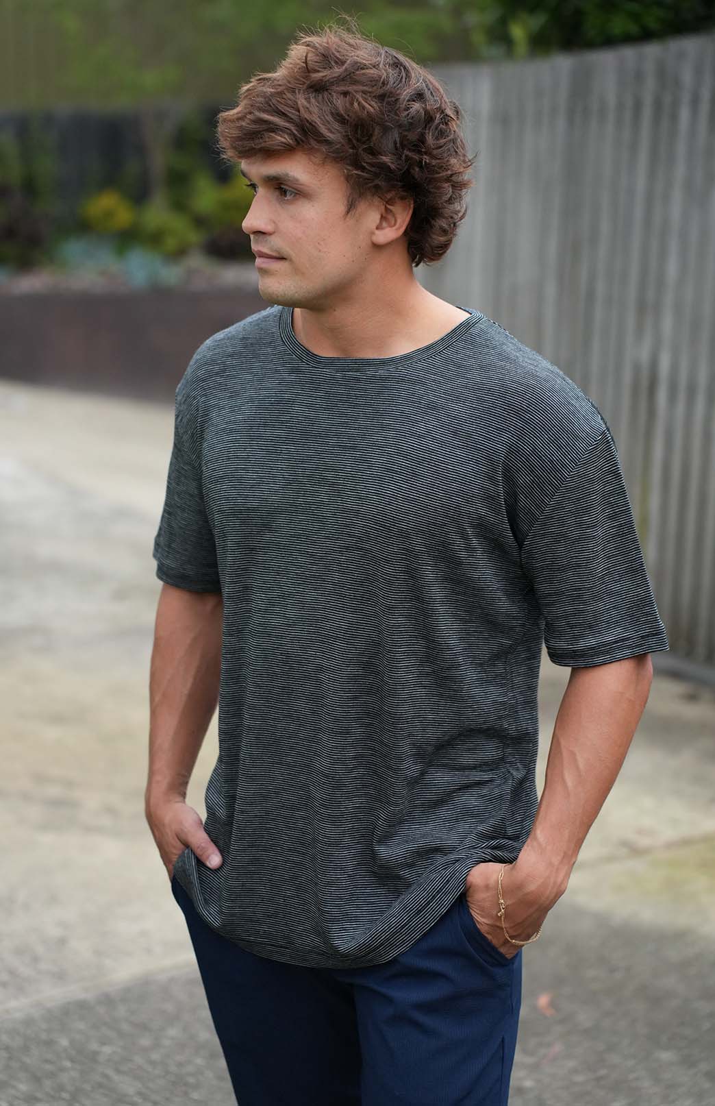 Black Pinstripe Men's "Big &amp; Tall" Loose Fit Crew Neck T-Shirt (Fits 2XL-5XL)