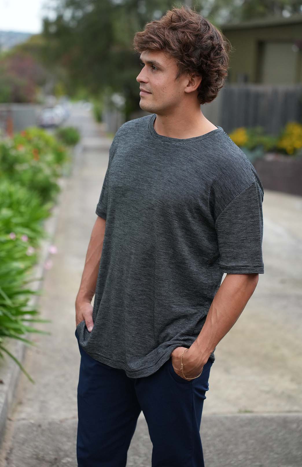 Black Pinstripe Men's "Big &amp; Tall" Loose Fit Crew Neck T-Shirt (Fits 2XL-5XL)