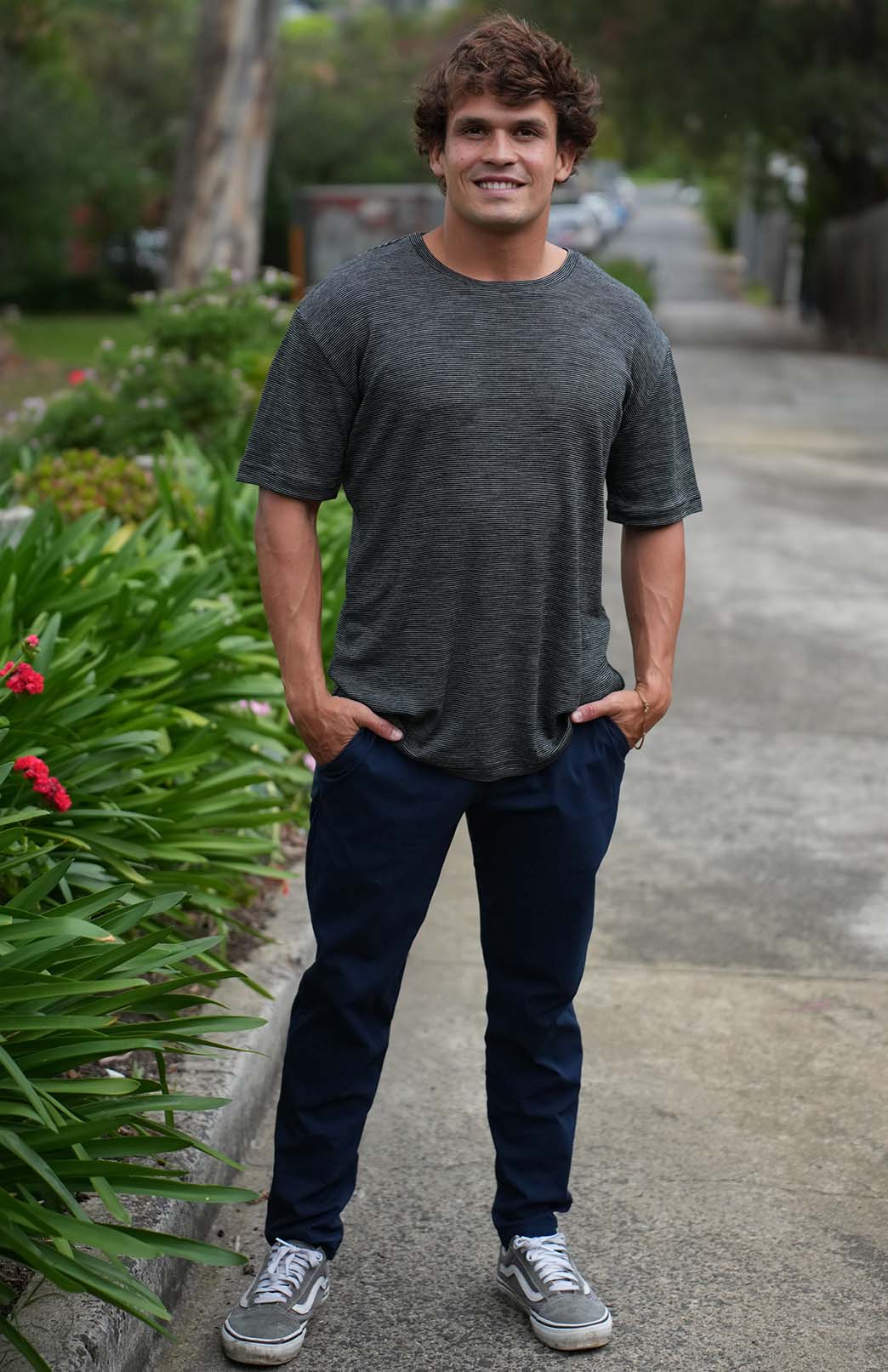 Black Pinstripe Men's "Big &amp; Tall" Loose Fit Crew Neck T-Shirt (Fits 2XL-5XL)