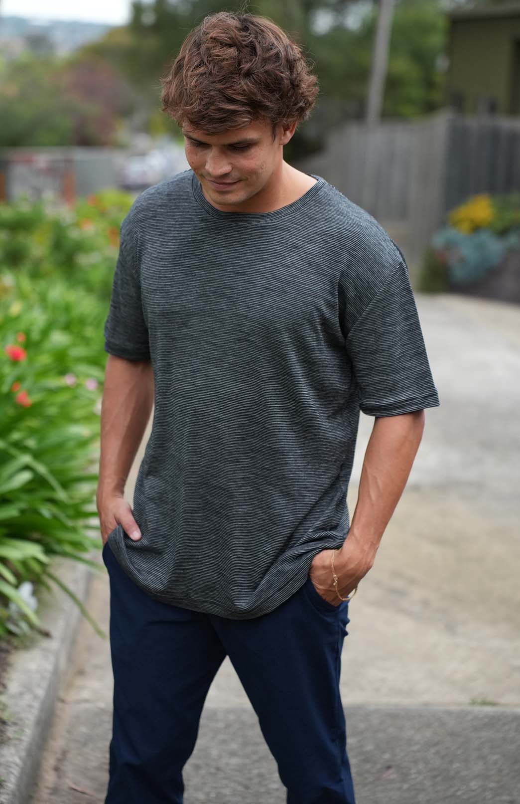 Black Pinstripe Men's "Big &amp; Tall" Loose Fit Crew Neck T-Shirt (Fits 2XL-5XL)